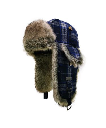 Fur Winter Trapper Hat,Wool Faux Fur Aviator Ski Trapper Trooper Pilot Hat,Snow Eskimo Hat with Ear Flaps for Men & Women Blue1 Small-Medium