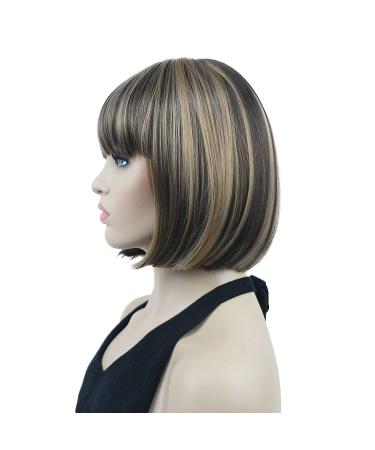 Lydell Short Bob Wig L8-124 Brown with Highlights | Heat Resistant Synthetic Hair | Cute Central Dot Skin | Flat Bangs - Buy Online on GoSupps.com