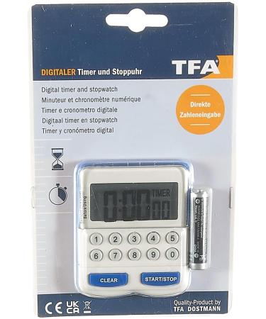 TFA Dostmann Electronic Timer & Stopwatch - Digital Kitchen Timer in White/Blue | Compact Size L 64 x W 25 x H 76 mm - International Shipping Available - Buy Online on GoSupps.com