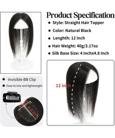 Real Human Hair Topper for Thinning Hair Women - Natural Black 12inch Silk Base Hair Piece - 10x12cm Coverage - 1B# Color - Buy Online on GoSupps.com