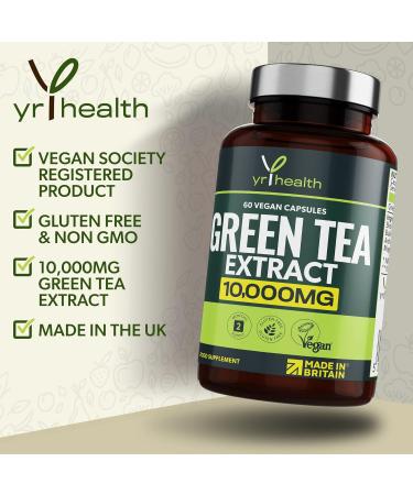 Vegan Green Tea Extract Capsules 10,000mg - Metabolism Booster for Weight Loss - 60 Vegan Capsules - UK Made by YrHealth - Buy Online on GoSupps.com