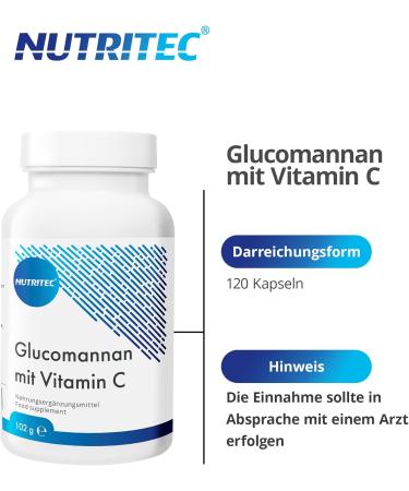 Nutritec Glucomannan with Vitamin C - Vegan Dietary Supplement 120 Capsules Pure Konjac Root - Optimize Weight Management & Boost Immunity - Buy Online on GoSupps.com