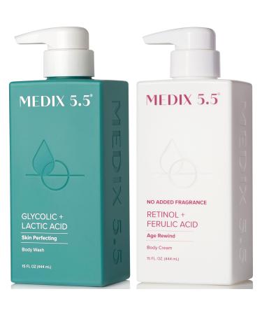 Medix 5.5 Fragrance Free Retinol Age Rewind Cream + Glycolic Acid Exfoliating Body Wash Set