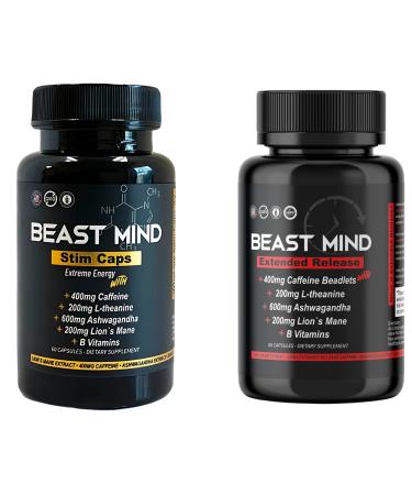 Beast Mind Dual-Energy System Bundle | Fast-Acting & Extended Release Energy Pills | 400mg Caffeine 600mg Ashwagandha 200mg Lions Mane | All-Day Nootropic Focus & Mood Support | 120 Capsules (60+60)