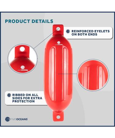 Five Oceans Boat Fenders 4 Pack - Marine Inflatable Ribbed Boat Bumpers for Docking - Includes 4 Ropes, Inflator Pump, and Needles - Ideal for Pontoon, Fishing, Bass, Sport Boats, Sailboats - 4.5 x 16 Inch Red - Buy Online on GoSupps.com