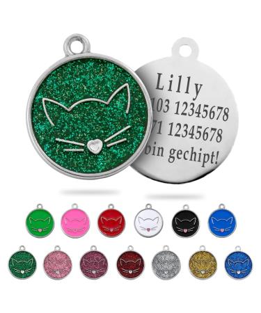 Ibera Gifts - Personalized cat brand for medium to large cats in a round form with cat with engraving names collar brand address trailer cat necklace (glitter green) green glitter