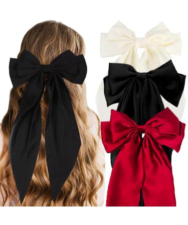3 Pcs Big Hair bow Hair Bows for Women Bow Hair Clip Elegant Solid Color French Barrette Bows For Hair With Soft Long Silky Satin Hair Barrettes Accessories Bow Hair Clips for Women Girls Black+Red+Cream