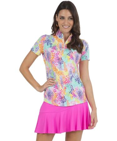 IBKUL UPF 50+ Icefil Cooling Tech Lessie Print Short Sleeve Mock Neck - White Multi Print - X-Small - Buy Online on GoSupps.com