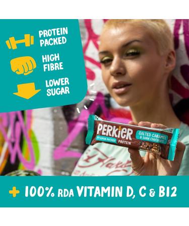 Perkier Salted Caramel & Dark Chocolate Snack Bars (30 Pack) - Vegan, Gluten Free, High Protein, High Fibre, Lower Sugar, Lower Calorie, No Palm Oil - 30 Count - Buy Online on GoSupps.com