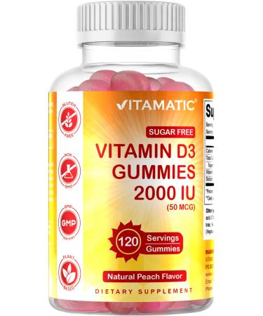 Vitamatic Sugar Free Vitamin D3 2000 IU - 120 Pectin Based Gummies - Great Taste - Healthy Bones Mood & Immune System Function - Non-GMO - 120 Servings