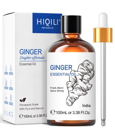 Pure Ginger Essential Oil for Lymphatic Drainage Massage, Swelling Pain, Skin, Hair, Diffuser, by HIQILI, Large Bottle with Dropper & Gift Box-100ml Ginger 3.38 Fl Oz (Pack of 1)