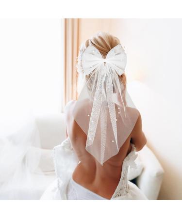PEOVLVN White Hair Bow Bridal Hair Accessories Bride Bow Hair Clips Large Hair Bow Wedding Veil Bachelorette Party Favors Engagement Party Accessories Bride Bridesmaid Gifts - Buy Online on GoSupps.com
