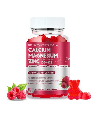 Calcium Magnesium Zinc Gummies with Vitamin D3 & K2 for Bone Muscle & Immune Support - High Potency Enhanced Absorption - 60 Raspberry Gummies