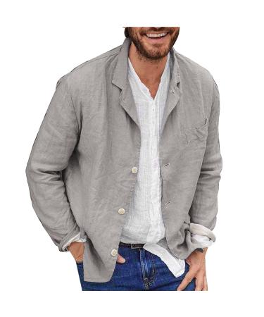 Duohropke men's linen suit jacket monochrome men jacket Sko slim fit men jacket suits jacket long -sleeved fashionable cardigan with button leisure linen jacket 3xl gray