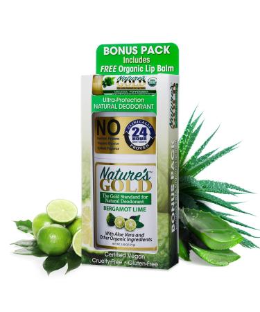 Nature's Gold Natural Hypoallergenic Aluminum-Free Deodorant for Men & Women with Free Organic Lip Balm. Contains Aloe Vera. Safe for Sensitive Skin. Won't Stain Clothes! Heavenly Bergamot Lime.