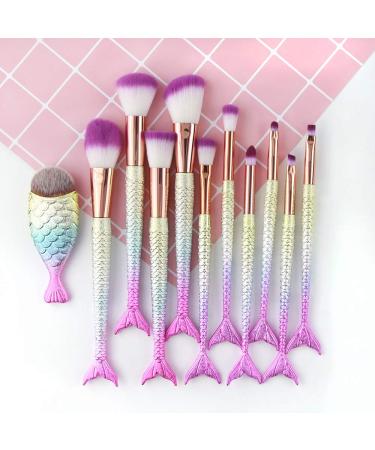Mermaid Makeup Brushes Set - 11pcs Professional Blending Brush Kit for Women, Synthetic Fiber Bristles, Special Cosmetic Tools (Purple & Yellow) - Buy Online on GoSupps.com
