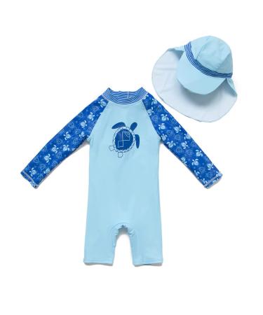 BONVERANO Baby Boy One Piece Long-Sleeved Clothing UV Protection 50+ Swimsuit with One Zip Blue-the Turtle 18 Months