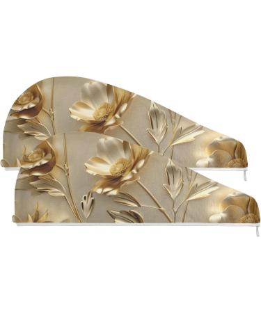 Luxury Gold Flower Hair Towel Set - 2 Pack Super Absorbent Quick Dry Turbans for Women & Girls - Buy Online on GoSupps.com