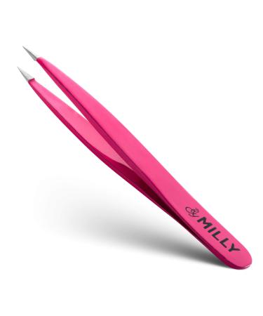 By MILLY Pointed Tweezers - Hammer Forged 100% German Steel Point-Tip Precision Tweezers for Ingrown Hair Eyebrows Facial Hair Splinters Glass Removal - Perfectly Aligned Hand-Filed - Pink