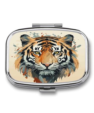 Pill Box Year of The Tiger Tiger Face Print 2 Compartment Medicine Pill Case Pill Organizer Decorative Metal Portable Pill Box for Pocket Or Purse