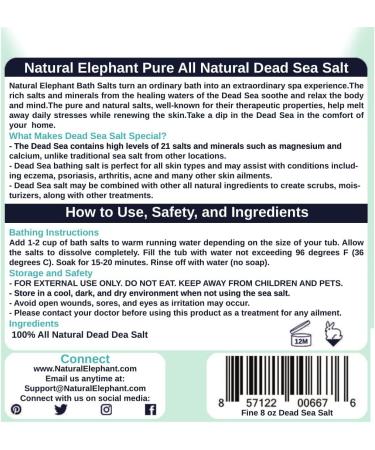 Natural Elephant Dead Sea Salt Fine Grain 8 oz - 100% Pure for Psoriasis, Eczema & Acne - Buy Online on GoSupps.com