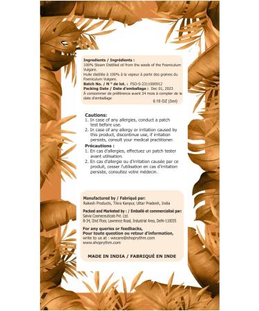 Crysalis Fennel Seed (Foeniculum Vulgare) Oil|Pure & Natural Undiluted Essential Oil Organic Standard for Skin & Hair maintenance|Strengthens Hair Roots Calms & Soothes The Skin (3ml) - Buy Online on GoSupps.com
