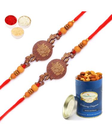 Ghasitaram Gifts Rakhi for Brother Rakhis Online - Set of 2 - BW-5414 Wooden Ganesha Rakhi with 100 GMS of Dryfruits Mix Can 2 Rakhi with 100 gms of Dryfruits Mix Can