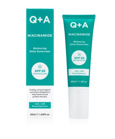 Q+A Niacinamide Daily Sunscreen SPF 50: Ultra-Light Non-Greasy Broad-Spectrum UVA/UVB Protection Oil Control Pore Refining Hydrating 90% Natural Ingredients Vegan Cruelty-Free 50ml - Buy Online on GoSupps.com