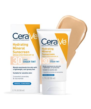 CeraVe Hydrating Mineral Sunscreen SPF 30 with Sheer Tint Tinted Mineral Sunscreen with Zinc Oxide & Titanium Dioxide Blends Seamlessly For Healthy Glow Light 1.7 Oz Light 1.7 Fl Oz (Pack of 1)