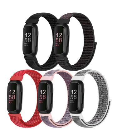 Bcuckood Compatible with Fitbit Inspire 3/Inspire 2/Inspire HR/Inspire/Ace 3/Ace 2 Women Men Kids Nylon Sport Loop Bands Soft Breathable Replacement Wristband Straps Dark Black+China Red+Pink Sand+Seashell+Official Black