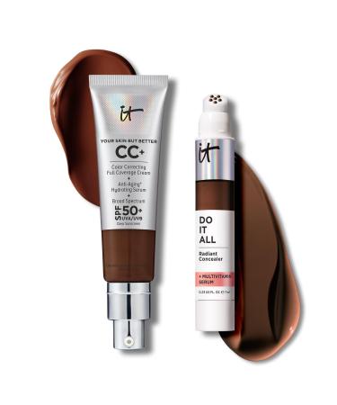 IT Cosmetics CC+ Cream with SPF 50+ Natural Finish Full Coverage Foundation (Deep Mocha - 1.08 fl oz) & Do It All Radiant Concealer Multivitamin Serum Makeup (620 Deep Cool - 0.2 fl oz)