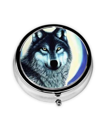 Wolf Under Moonround Pill Box 3 Compartment Round Pill Box Organizer # Portable Travel Pill Box for Traveling.