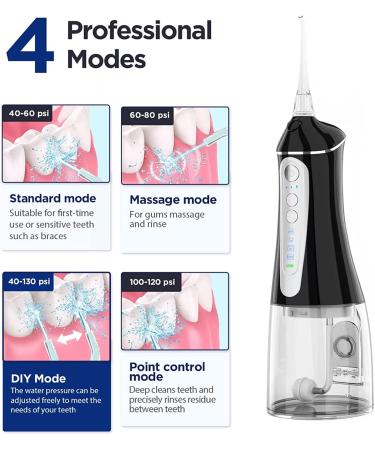 Cordless Water Flosser Dental Oral Irrigator - 4 Modes, 5 Jet Tips, Rechargeable, IPX7 Waterproof - Portable Teeth Cleaner for Home & Travel (Black) - Buy Online on GoSupps.com