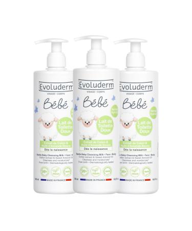 EVOLUDERM - Soft Baby Face & Body Lotion - 500 ml - 98% Natural Origin - Vegan - Made in France - Pack of 3 x 500 ml