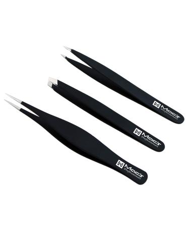 Macs Professional Tweezers Set - for Eyebrow Plucking  Ingrown Hair -Best for Eyebrow Hair  Facial Hair Removal Splinter - Stainless Steel Precision Sharp- Pointy Ends Meet Perfectly - 7343BK (Black)