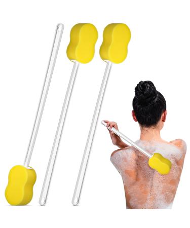 3 Pieces Long Handle Bath Sponge 22.4'' Back Sponge on a Stick Lightweight Back Washer Handled Butt Scrubber Shower Brush for Foot Body Cleaning Bathing Limited Motion  Yellow Sponge