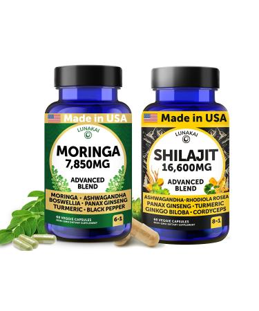 Lunakai USA Made Moringa & Shilajit Capsules Bundle 6-in-1 & 8-in-1 Advanced Blends 60 Non-GMO Veggie Capsules Each