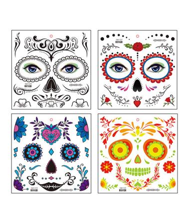 GotGala 4 sheets Day of the Dead Face Temporary Tattoos Sugar Skull Halloween Makeup Floral Black Skeleton Web Full Mask Stickers for Women Men Dia De Los Halloween Masquerade Party Favor Supplies