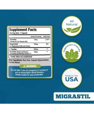 Migrastil Migraine Relief Capsules (60 ct) - Natural Vegetarian Supplement with Magnesium, Taurine, Feverfew & Vitamin B1 for Migraine & Headache Relief - Buy Online on GoSupps.com