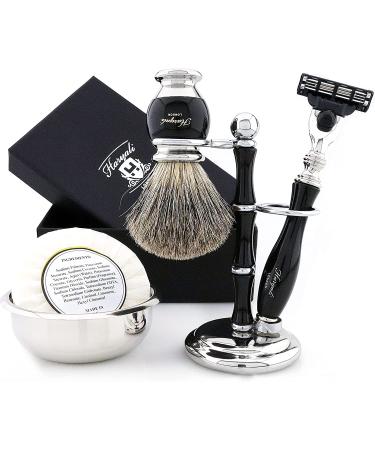Haryali London Mens Shaving Set 5 Pc Shaving Kit 3 Edge Shaving Blade Shaving Razor - Best Badger Shaving Brush Shaving Soap Shaving Bowl Shaving Stand Black Color Shaving Set as Gift