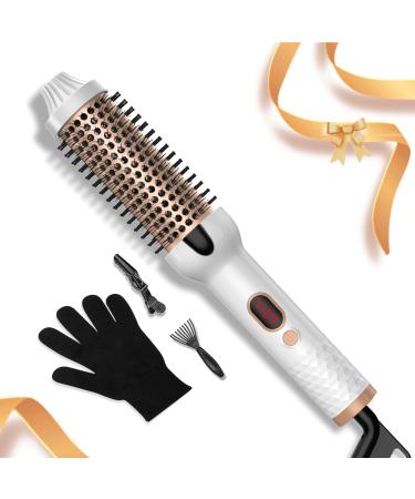 1.5 inch Thermal Brush 410 F 10 Temp with LCD Dispaly 110-240V Double PTC Ceramic Tourmaline Ionic Curling Comb Curling Brush Curling Iron Volumizing Brush 110-240V Heated Curling Brush White