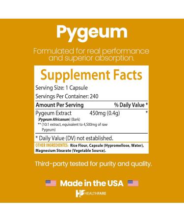 Healthfare Pygeum Supplement 4500mg | 240 Vegan Capsules | Ultra Standardized Bark Extract | Herbal Supplement | Non-GMO & Gluten-Free | Made in The USA - Buy Online on GoSupps.com