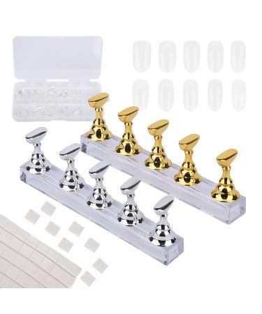 2 set acrylic nail exercise stand - magnetic nail tip art display stand holder manicure tool with reusable self -adhesive spatula for DIY nail studio (gold and silver)