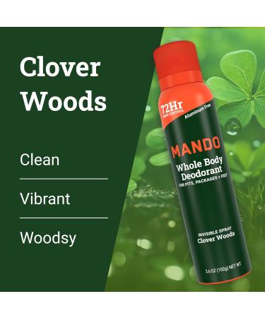 Mando Whole Body Deodorant For Men - Invisible Spray Deodorant - 72 Hour Odor Control - Low Irritation Formula - Aluminum Free Benzene Free - 3.6 ounce Cans (Pack of 2) - Clover Woods - Buy Online on GoSupps.com