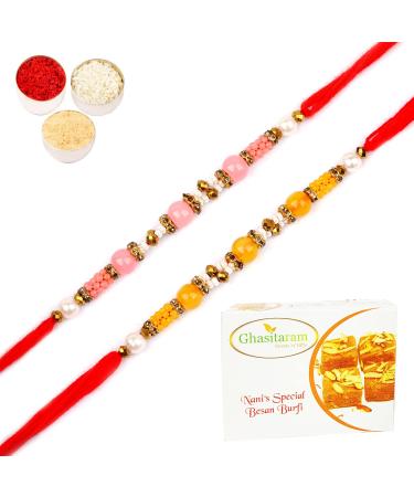 Ghasitaram Gifts Rakhi for Brother Rakhis Online - Set of 2-6511A Rakhis with 400 GMS of Besan Barfi Rakhi Set with 400 gms of Besan Barfi