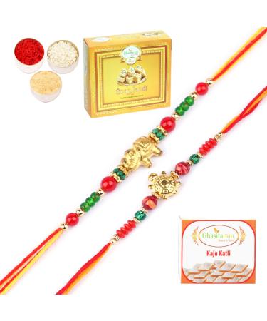 Ghasitaram Gifts Rakhi for Brother Rakhis Online - Set of 2-6043 and 6059 Rakhi Threads with 200 GMS of Kaju katli and 200 GMS of Soan Papdi