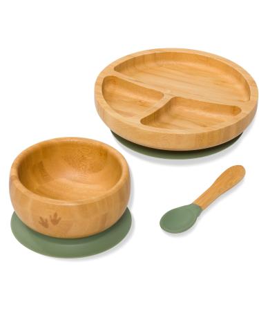 Bubba Bear Baby Weaning Set | Bamboo Plates Bowls & Spoons for Toddler Led Feeding | Suction Plate Bowl & Spoon Sets for Babies from 6 Months | Optional Matching Kids BLW Bib (Green)
