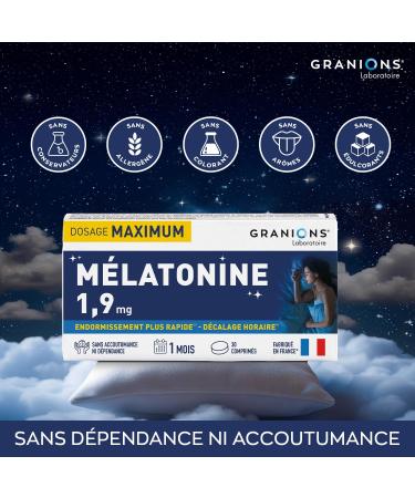 GRANIONS Melatonine 1 9 mg - 30 comprim s -1 mois - Compl ment alimentaire sommeil - Endormissement plus rapide - Sans accoutumance - Melatonine comprim s - Jet Lag - Sans sucre - Fabriqu en France 30 unit (Lot de 1) - Buy Online on GoSupps.com
