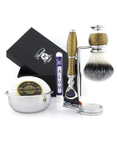 Mens Shaving Kit 5 Edge Razor With Synthetic Badger Hair Shaving Brush Bowl Soap Alum and Stand Perfect Set For Men