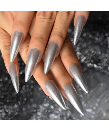 Long Stiletto Silver Glitter Press On Nails - High Gloss Reusable Acrylic Full Cover Fake Nails Kit (24 Pieces) - International Shipping Available - Buy Online on GoSupps.com